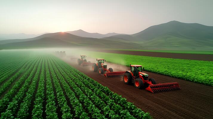 tractors-plowing-a-lush-green-field-at-sunset-with-mountains-in-the-background-creating-a-serene-landscape-photo